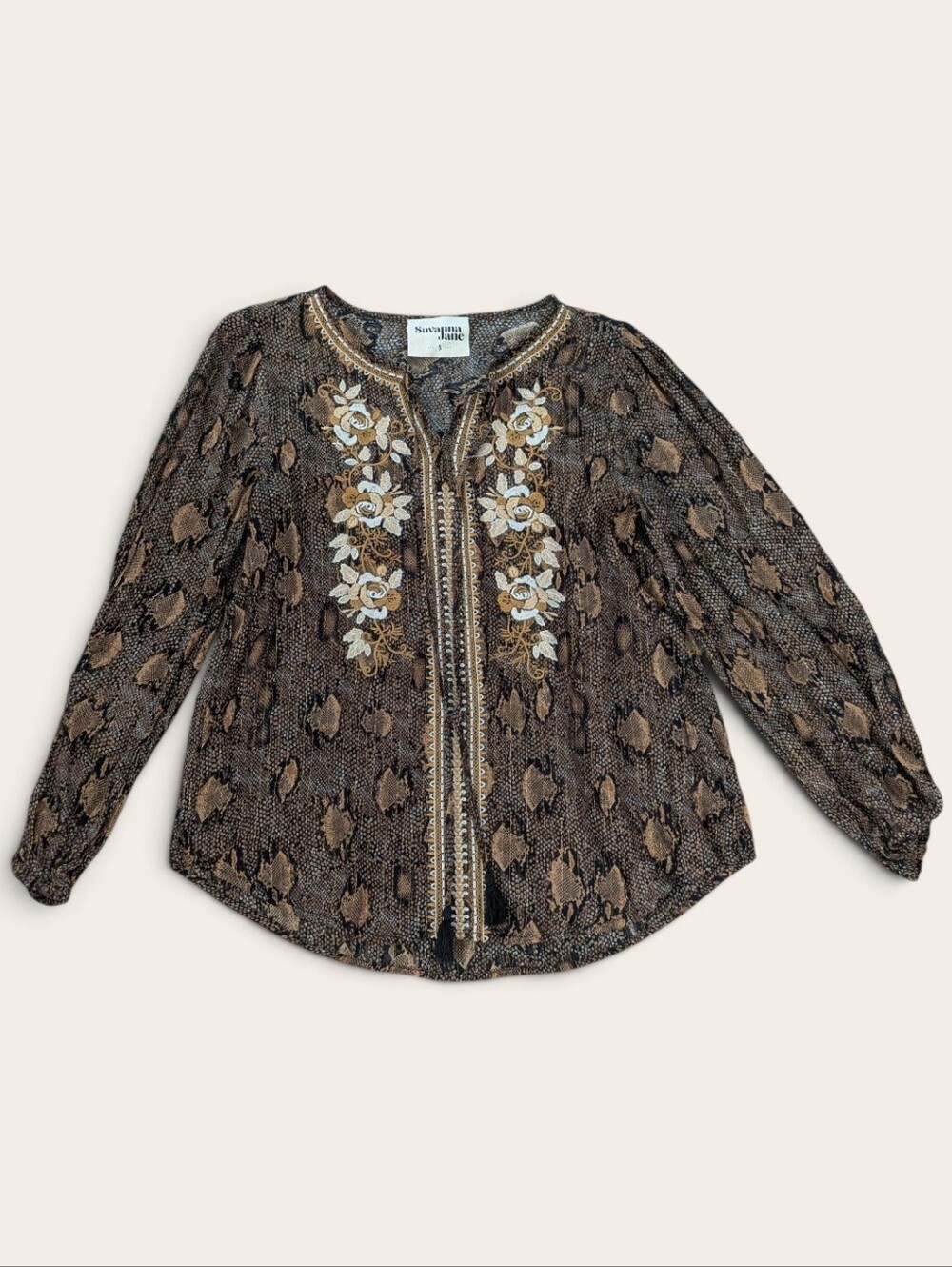 Savanna Jane Embroidered Snake Print Blouse Boho Floral Peasant Top Women Small